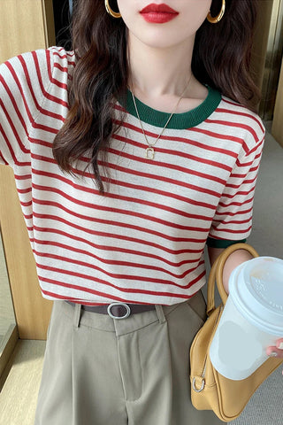 Casual O-Neck Striped Soft Knitted Ringer Shirt