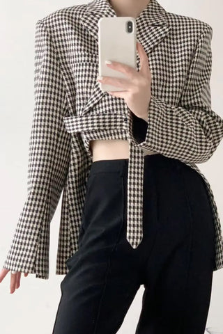 Long Sleeve Elegant Plaid Irregular Cropped Blazers