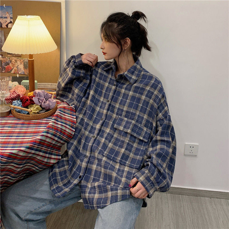 Long Sleeve Retro Thicken Plaid Loose Shirt