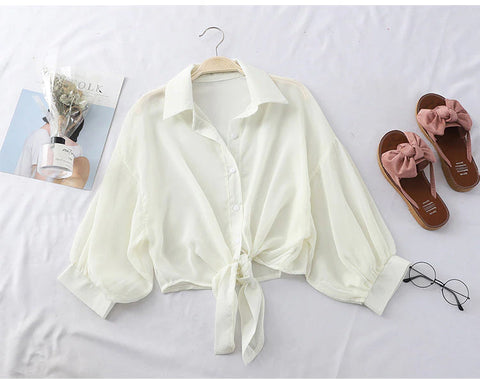 Elegant Half Sleeve Tied Transparent Blouse Shirt