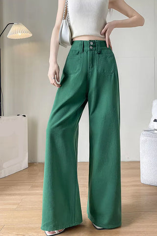 High Waist Double Front Pockets Wide Leg Jeans Pants