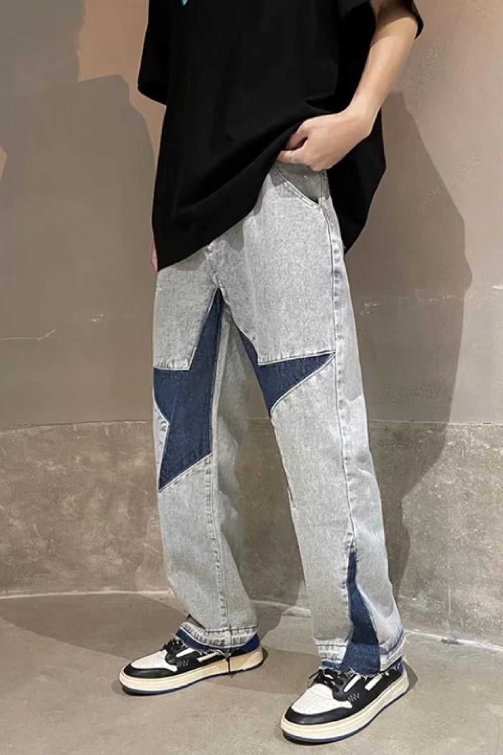 Star Embroidery Patchwork Men Denim Long Pants