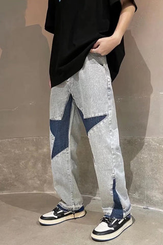 Star Embroidery Patchwork Men Denim Long Pants