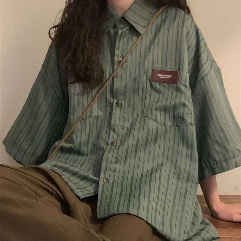 Short Sleeve Hip Hop Striped Collar Shirt