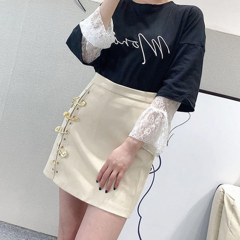 Pins Asymmetrical Leather Mini Skirt