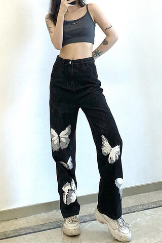 Vintage Butterfly Printed Black Jeans Pants