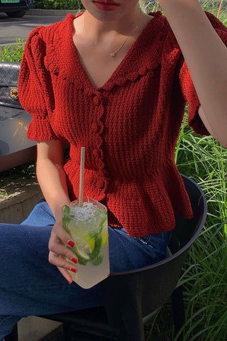 Kurzarm-Retro-Bluse mit Kerbe 