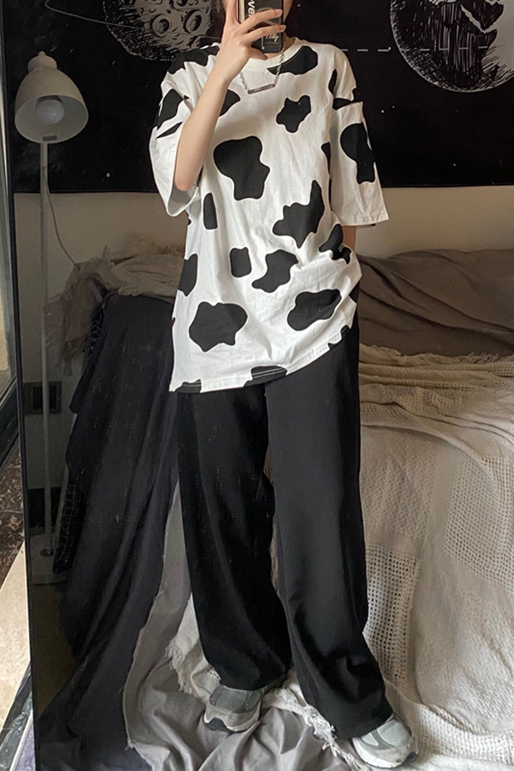 Loose Short Sleeve Cow Pattern Shirt