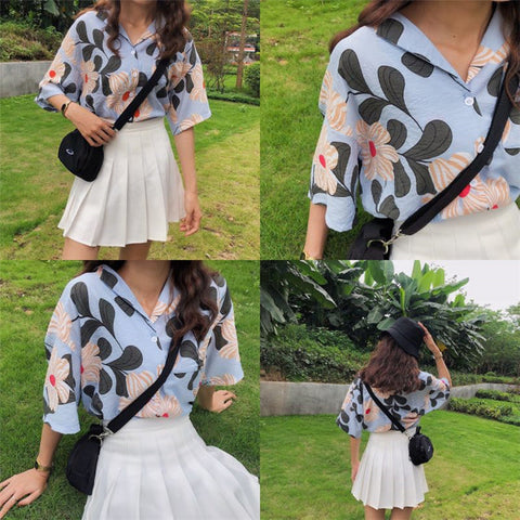 Vintage Floral Pattern Short Sleeve Blouse Shirt