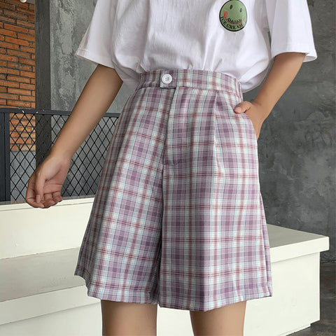 High Waist Vintage Plaid Shorts Pants