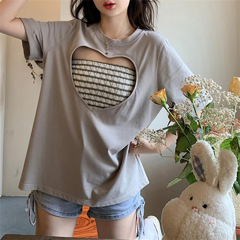 Short Sleeve Cute Heart Hollow Out Shirt