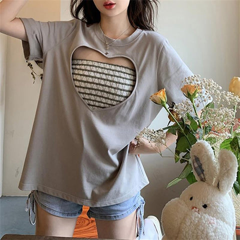 Short Sleeve Cute Heart Hollow Out Shirt