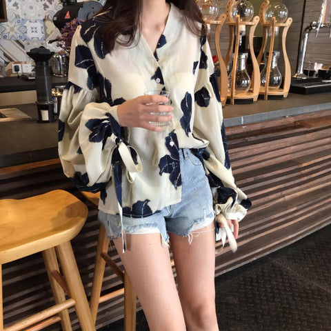 Flower Elegant Lantern Sleeve Blouse Shirt