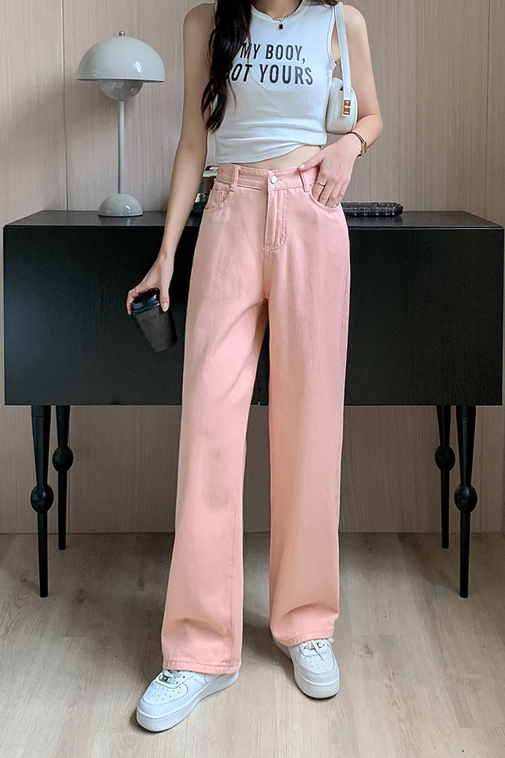 High Waist Loose Straight Pink Jeans Pants