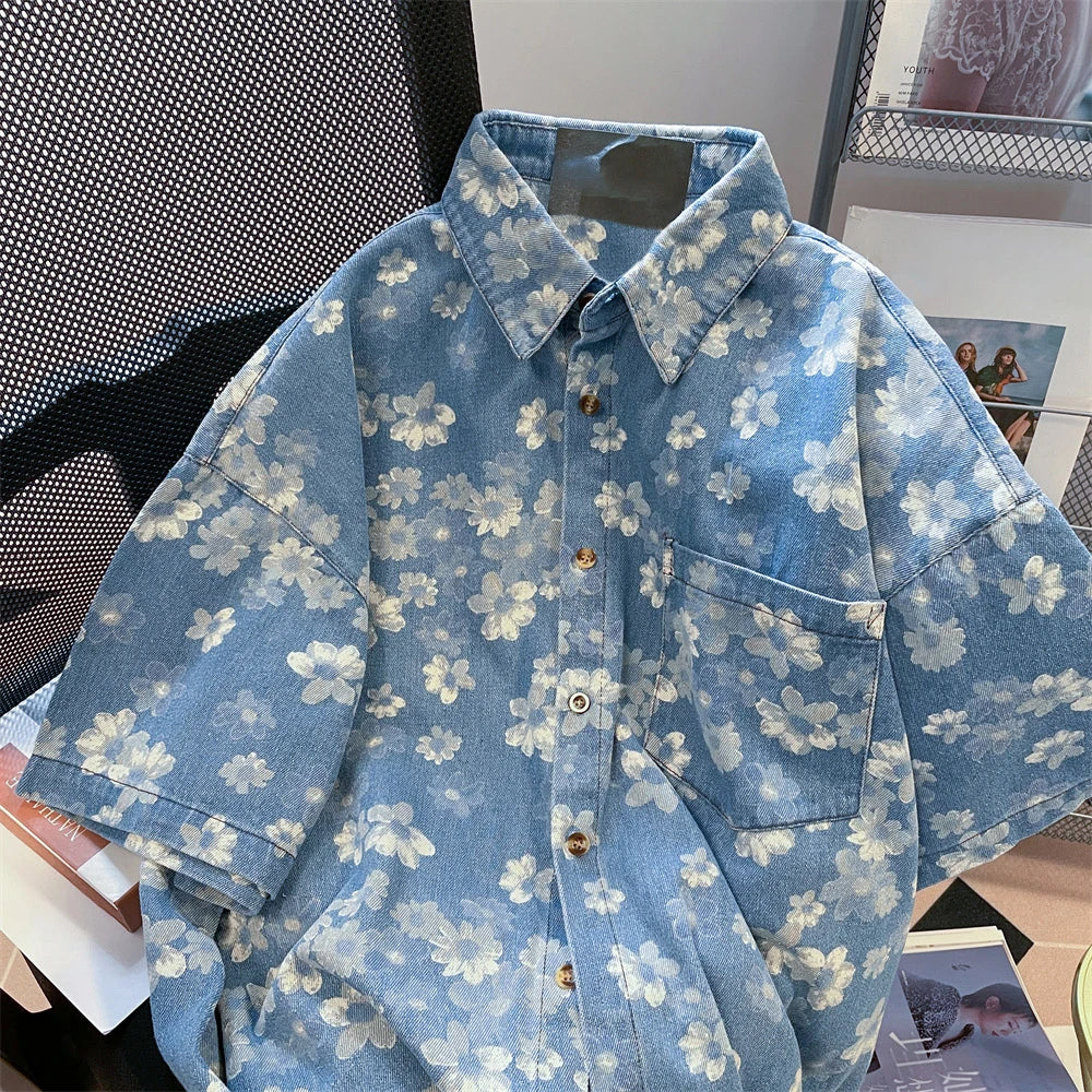 Kurzärmelige Jeanshemden mit Blumenmuster 