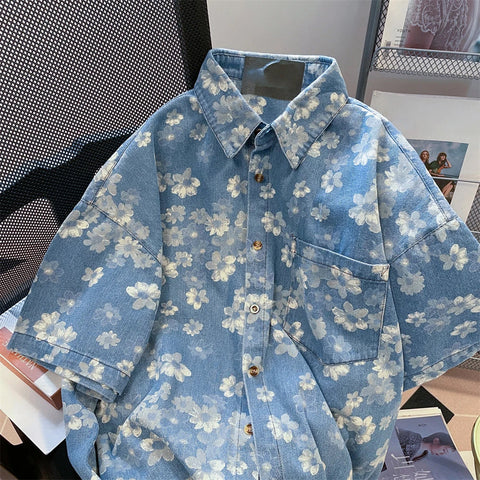 Kurzärmelige Jeanshemden mit Blumenmuster 