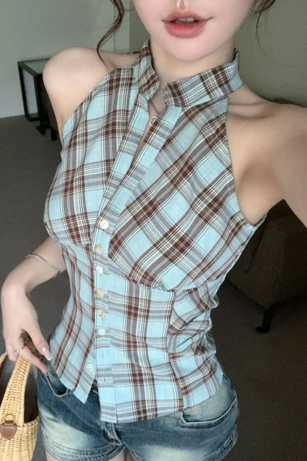 Sleeveless Off Shoulder Plaid Blouse Shirt