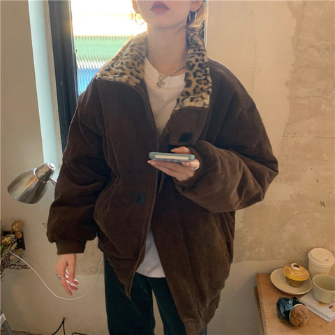Leopard Collar Loose Warm Corduroy Jacket