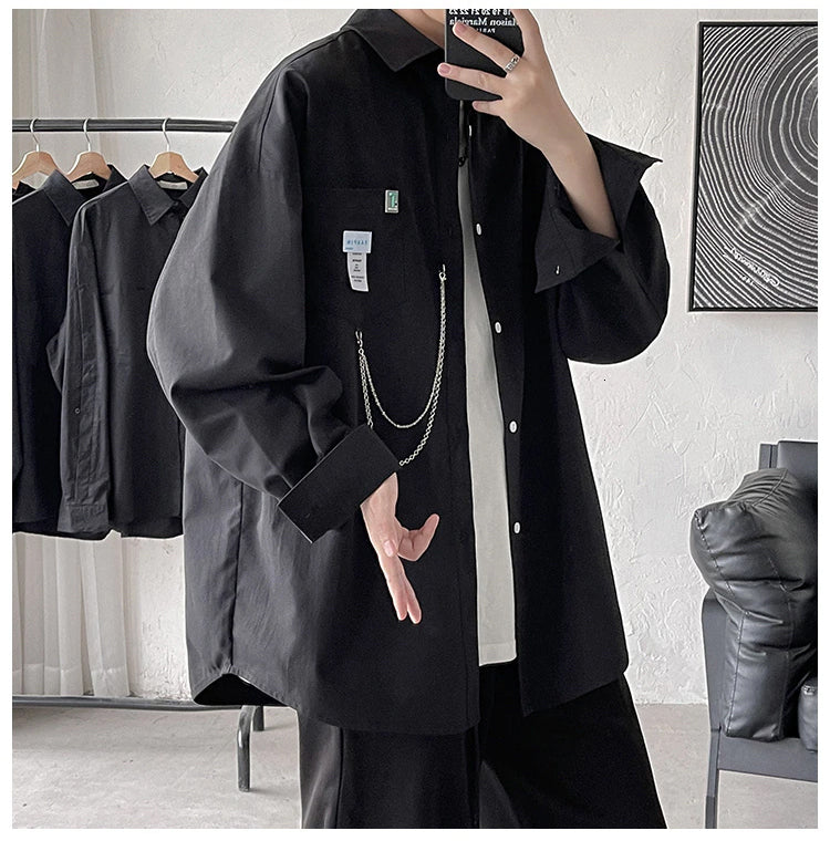 Long Sleeve Loose Casual Men Shirt With Chain