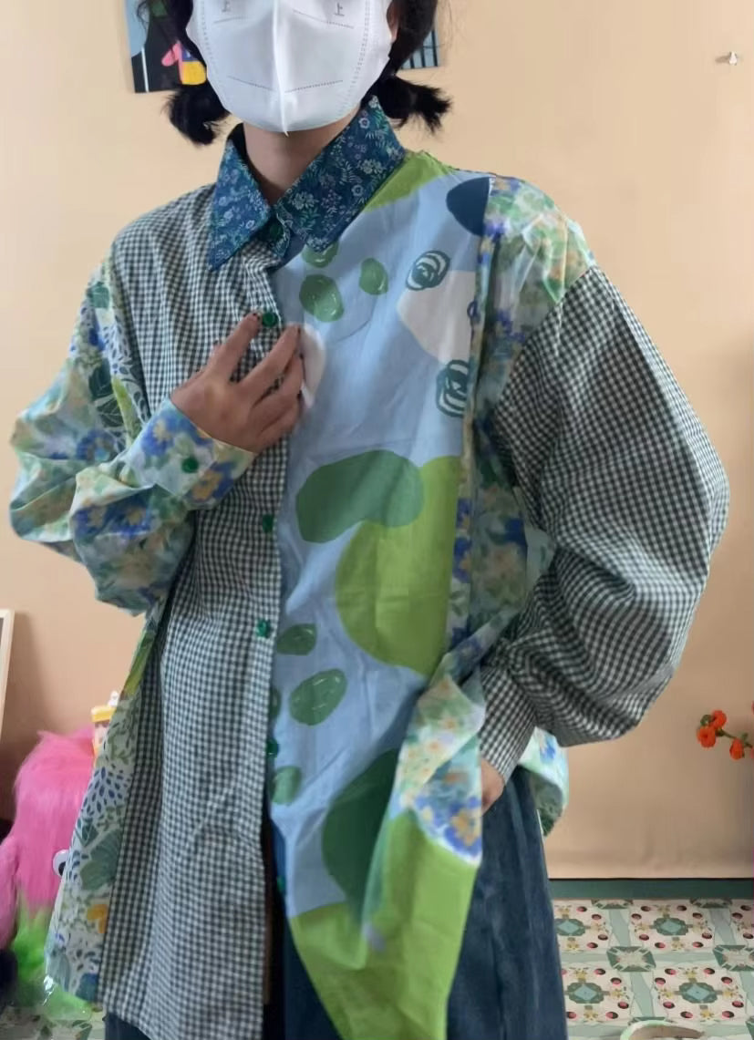Long Sleeve Floral Paneled Combination Blouse Shirt