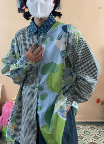 Long Sleeve Floral Paneled Combination Blouse Shirt