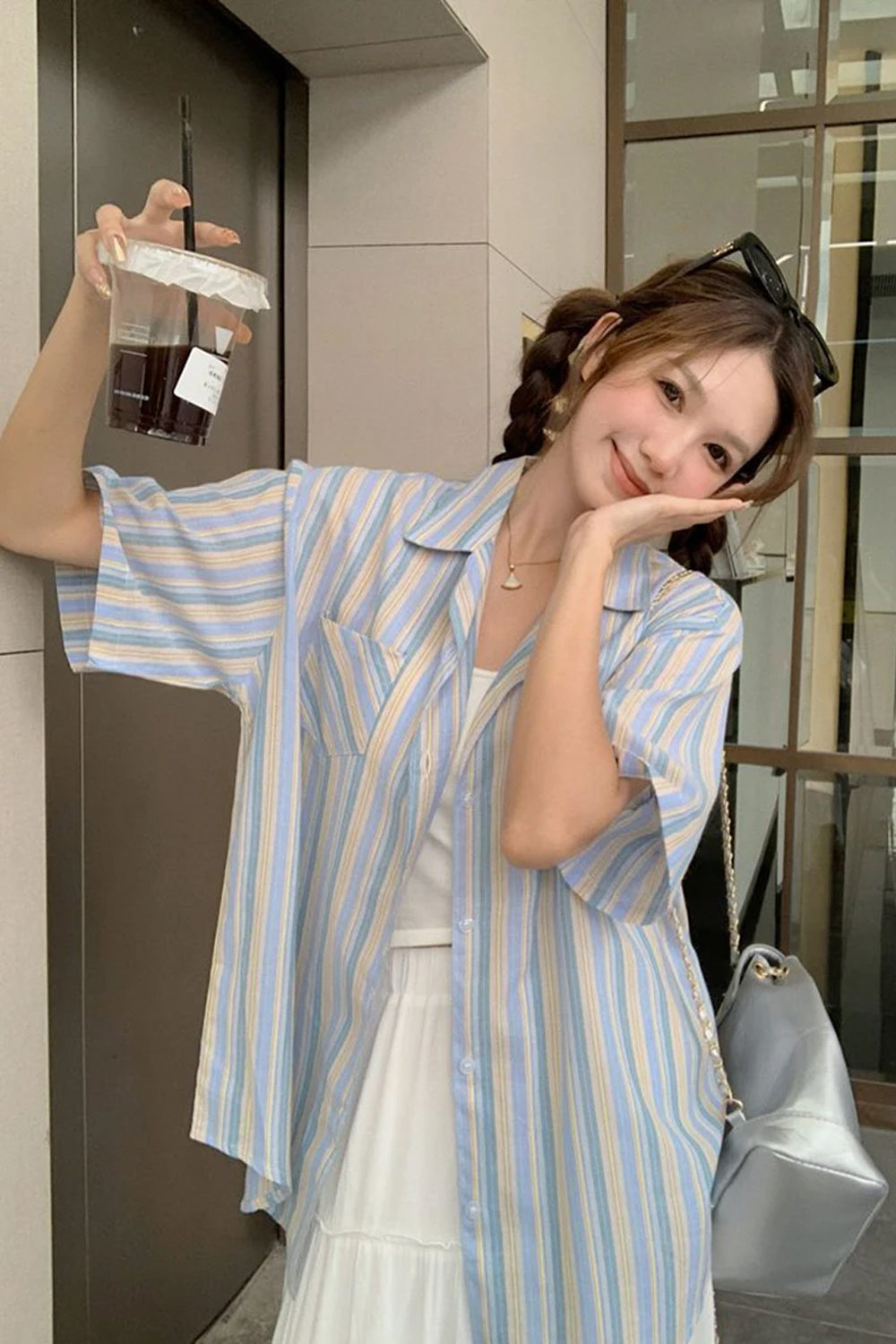 Short Sleeve Blue Striped Vintage Blouse Shirts