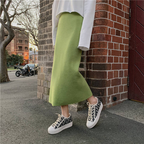 High Elastic Waist Solid Split Knitted Skirt