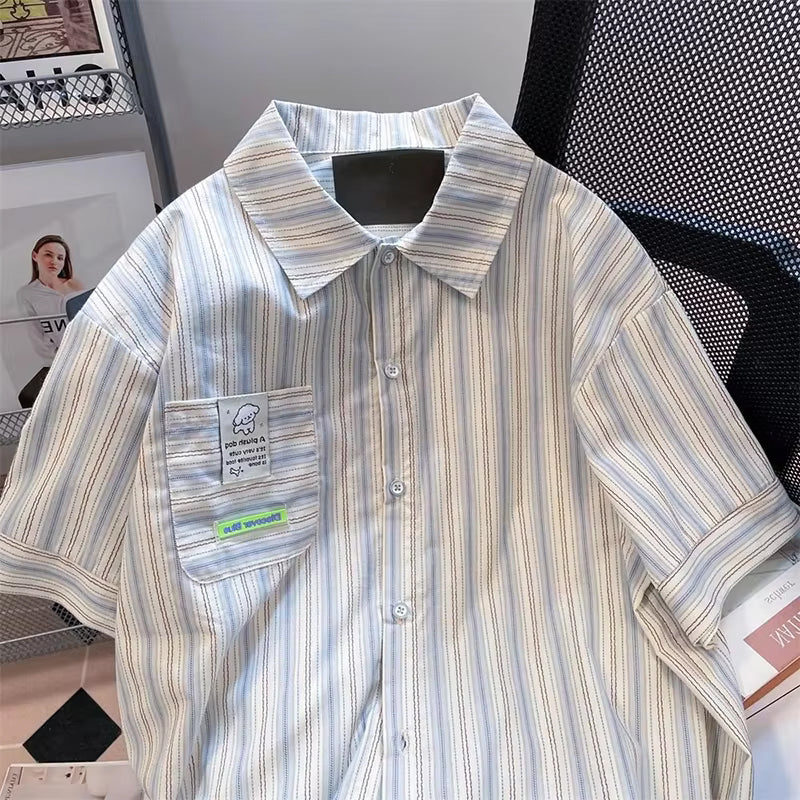 Short Sleeve Cute Dog Pocket Printed Striped Blouse Shirts