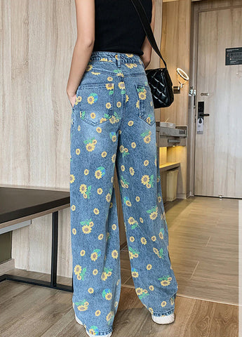 Jeans mit weitem Bein und Sonnenblumen-Print 