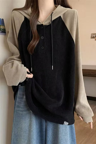 Loose Long Sleeve Two Colors Combination Hoodie