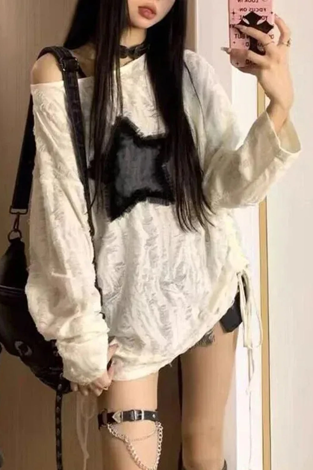 Long Sleeve Off Shoulder Star Patchwork Ripped Shirt