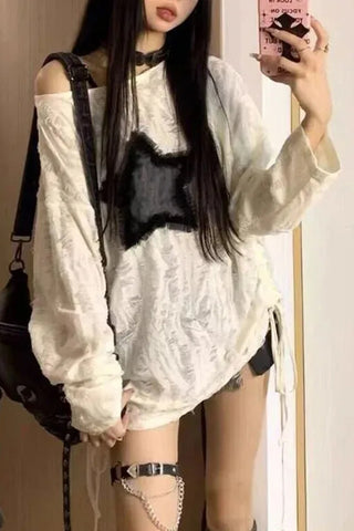 Long Sleeve Off Shoulder Star Patchwork Ripped Shirt