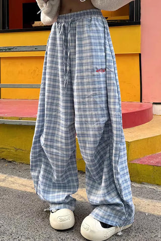 High Waist Loose Blue Plaid Wide Leg Pants