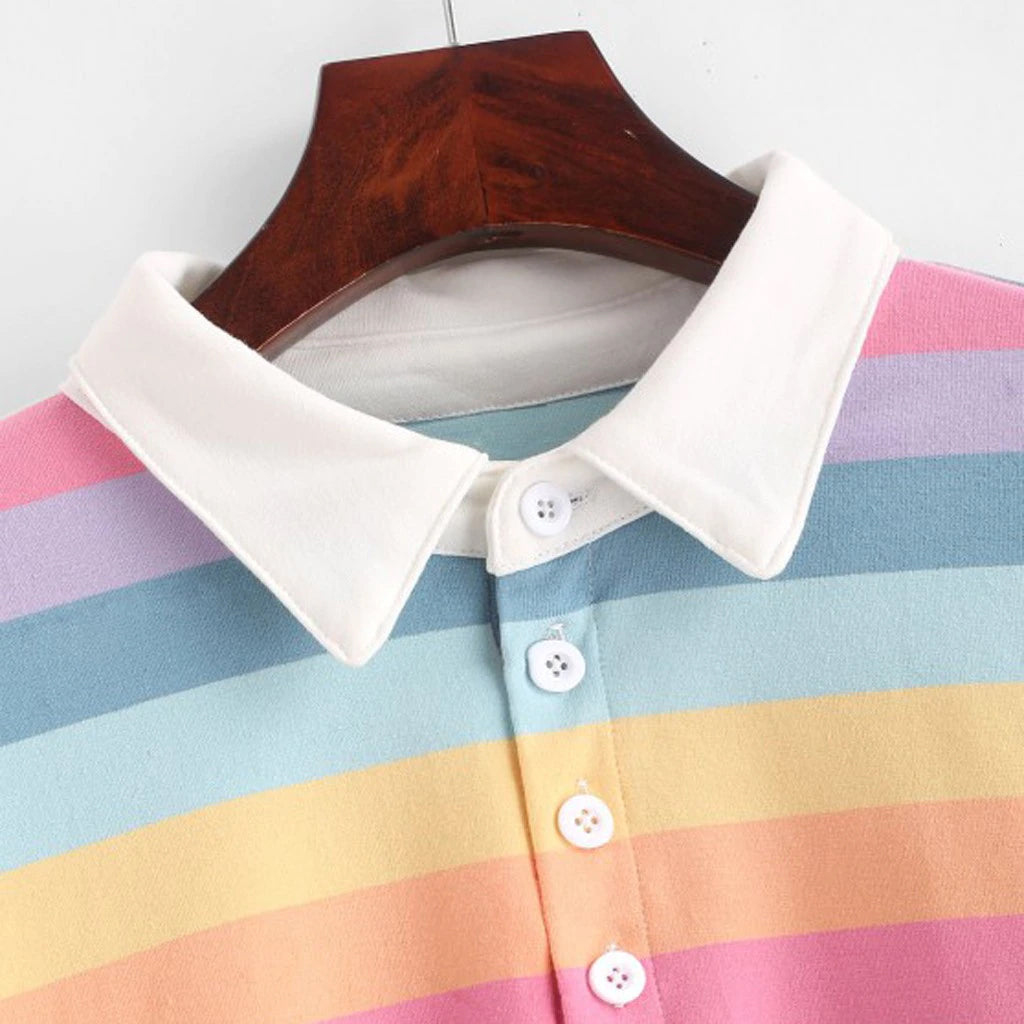 Rainbow Striped Long Sleeve Collar Cropped Shirt