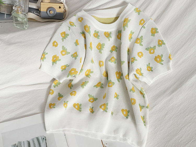 Einfarbiges Strickhemd mit O-Ausschnitt und Blumenmuster 