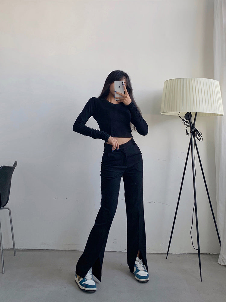 High Waist Split Leg Black Jeans Pants
