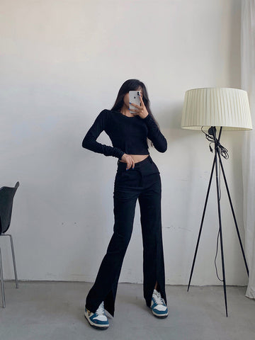 High Waist Split Leg Black Jeans Pants