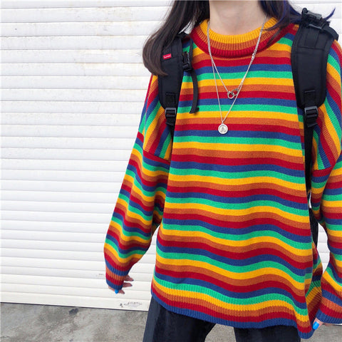 Loose Rainbow Striped Sweater