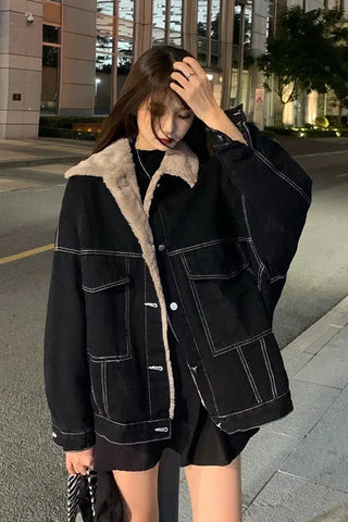 Loose Line Panelled Black Jeans Jacket