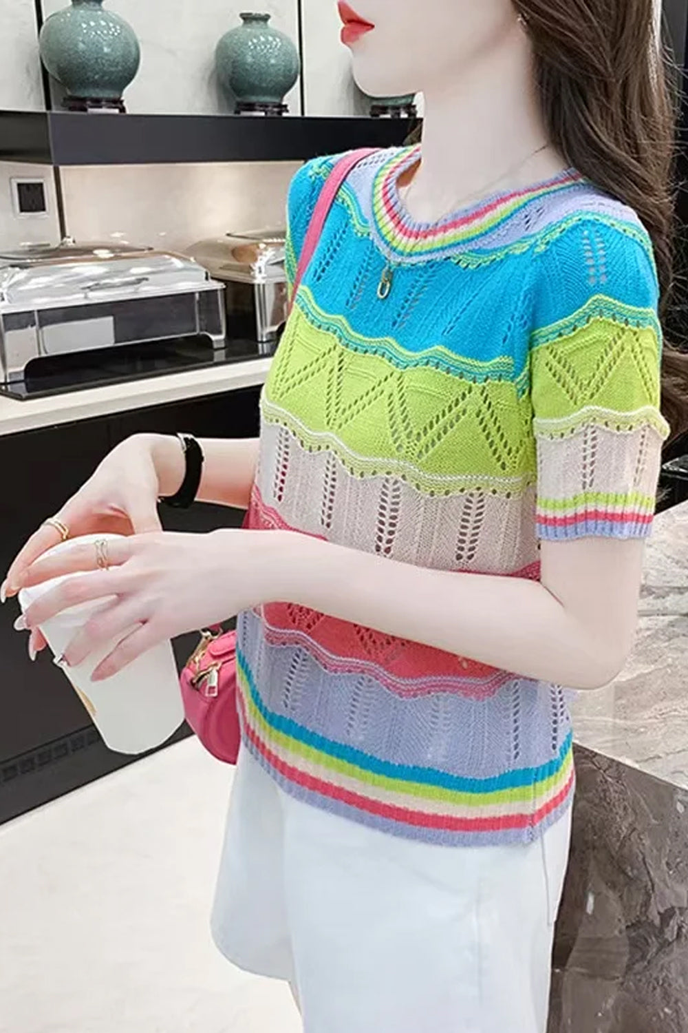 Short Sleeve Colorful Striped Knitted Slim Shirt