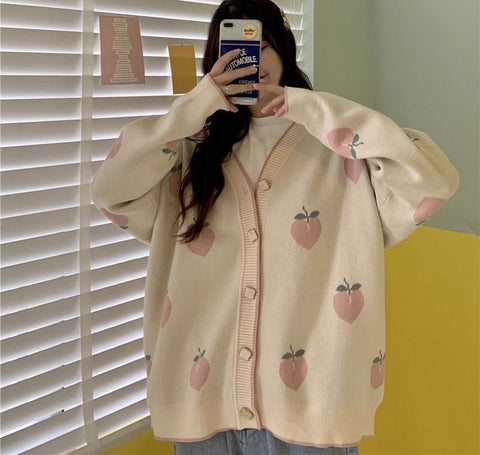 V-Neck Peach Loose Cardigan Sweater