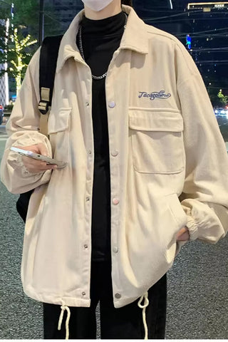 Letter Embroidered Turn Down Collar Corduroy Men Jacket
