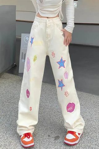 High Waist Cute Cartoon Pattern Long Jeans Pants