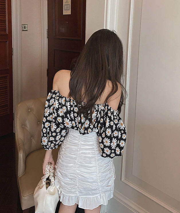 Loose Off Shoulder Daisy Printed Blouse Shirt
