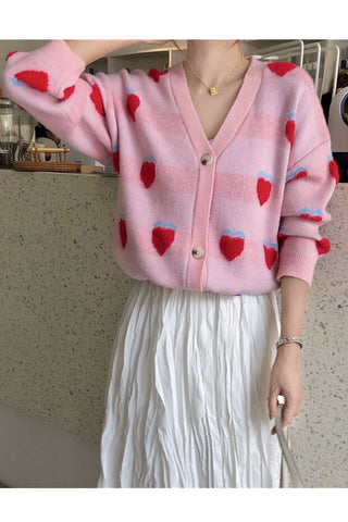 Strawberry Pattern V-Neck Knitted Cardigan Sweater