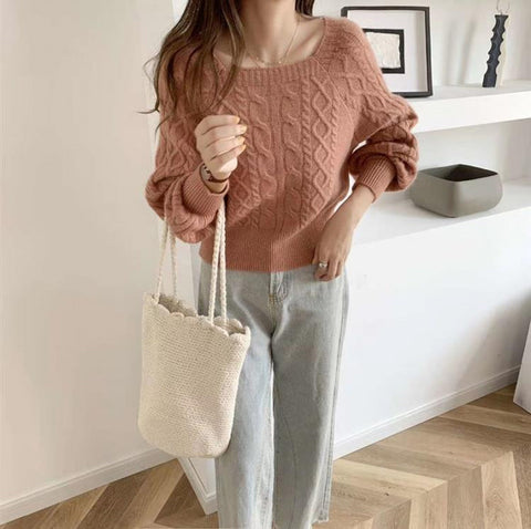 Long Sleeve Slim Square Collar Knitted Sweater
