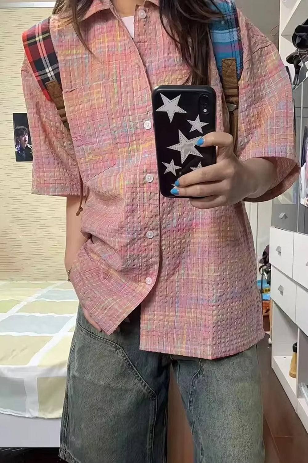 Short Sleeve Retro Pink Plaid Blouse Shirt