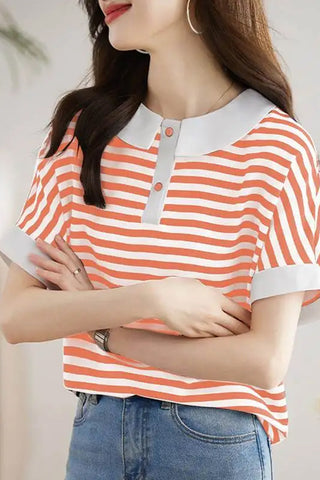 Retro Doll Collar Short Sleeve Striped Shirt
