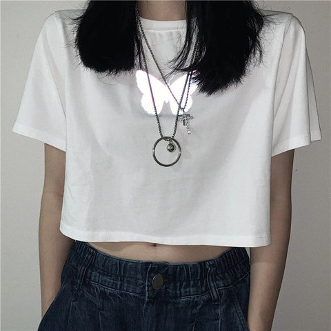 Butterfly Reflective Crop Tops Shirt