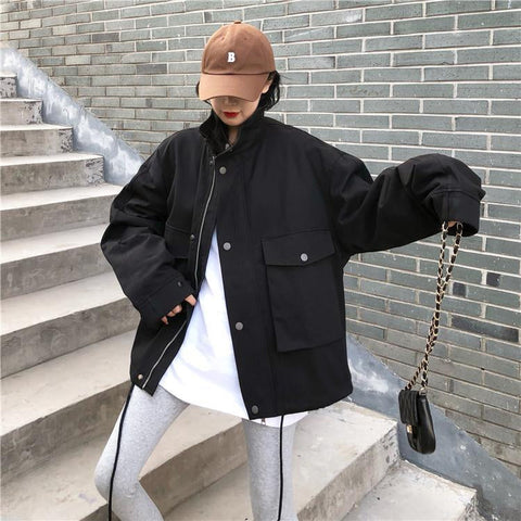 Loose Stand Collar Cargo Windbreaker Jacket
